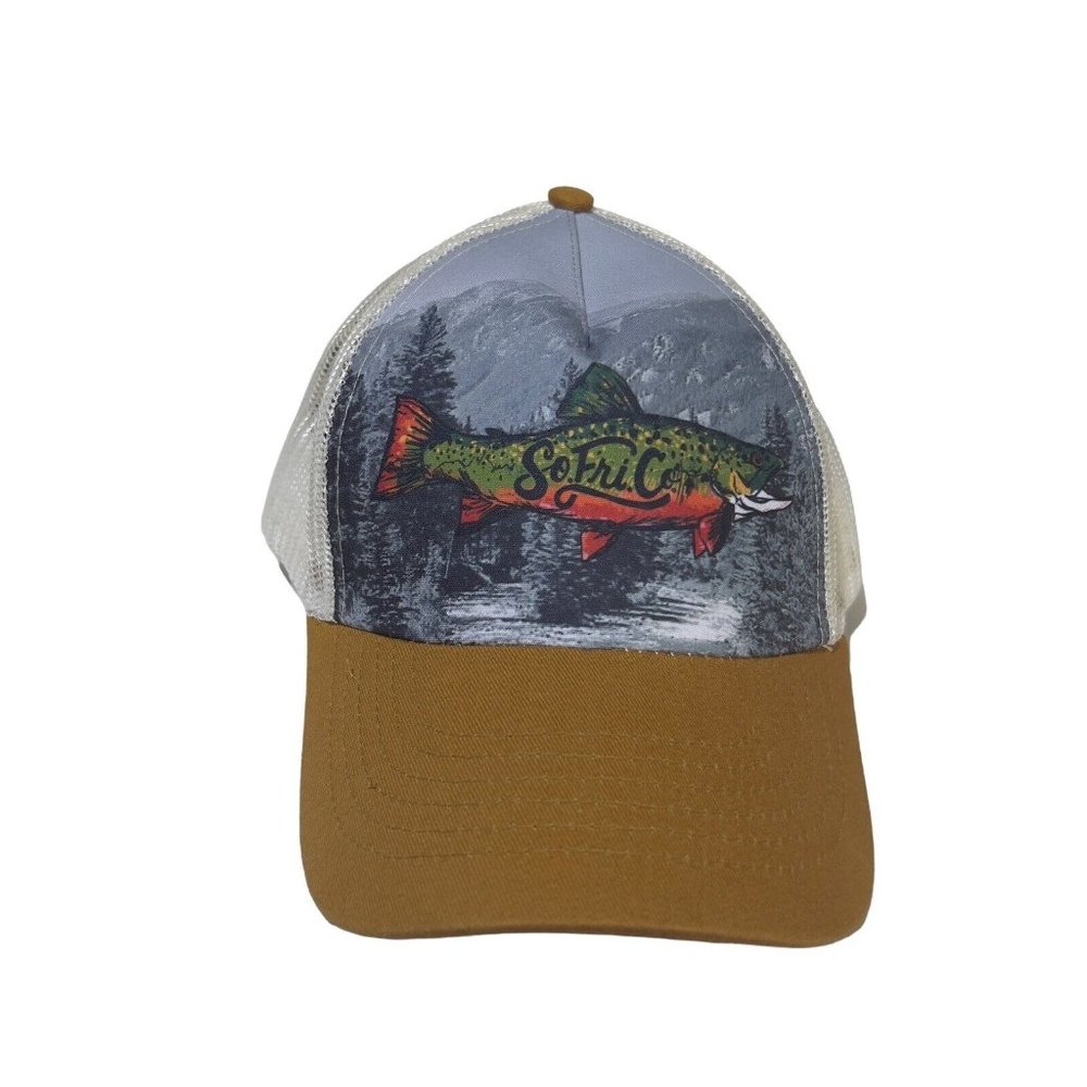 Southern Fried Cotton Fish Designed Mens Hat Mesh Trucker‎ Adjustable Brown